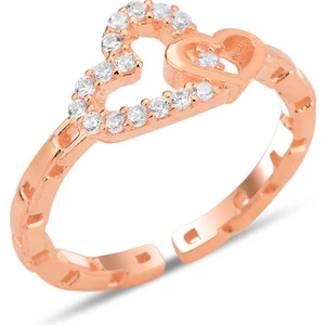 Söğütlü Silver Gümüş Rose Zirkon Taşlı Alttan Ayarlanabilir Birbirine Bağlı Kalpler Yüzük SGTL12236ROSE