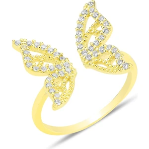 Söğütlü Silver Gümüş Altın Yaldızlı Zirkon Taşlı Üstten Ayarlanabilir Kelebek Yüzük SGTL12241GOLD