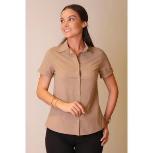 Sweetness Kadın  Bej Likralı Kısa Kol Pamuklu Klasik Gömlek