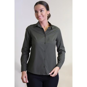 Sweetness Kadın Haki Yeşil Likralı Uzun Kol Pamuklu Klasik Gömlek