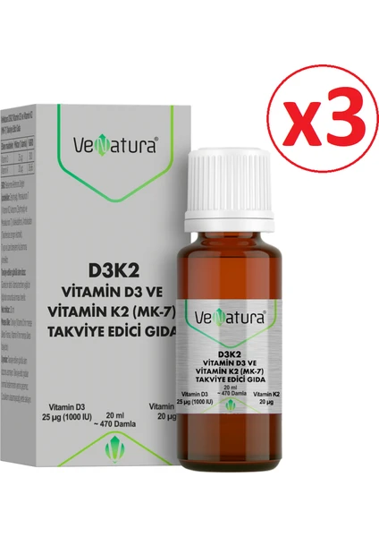 VeNatura D3K2 Vitamin D3 Ve Vitamin K2 Damla Takviye Edici Gıda 20 ml (3 Adet)