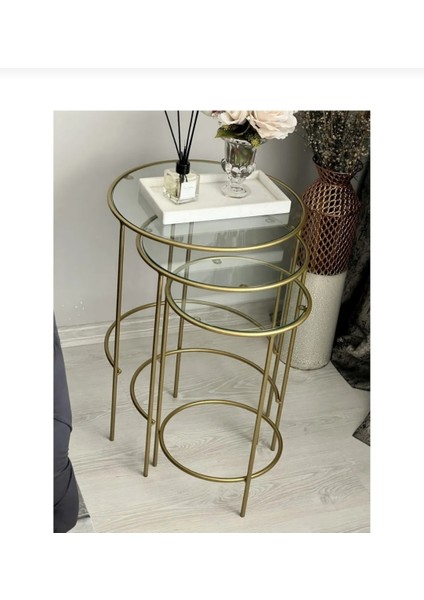 Meri Yuvarlak 3'lü Zigon Yan Sehpa Gold DNDR-003 modelleri