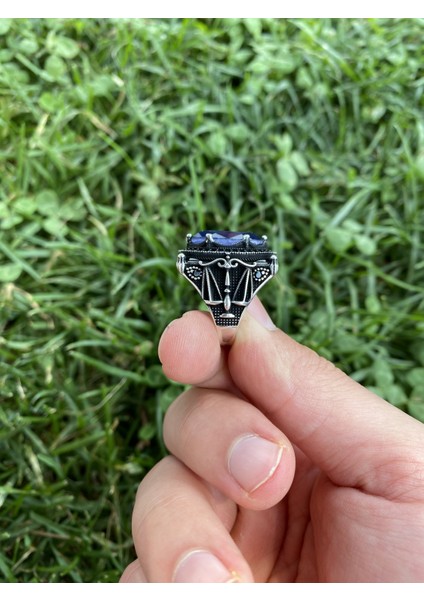 925 Ayar Gümüş Adalet Terazi Motifli Paraiba Taşlı Erkek Yüzük modelleri