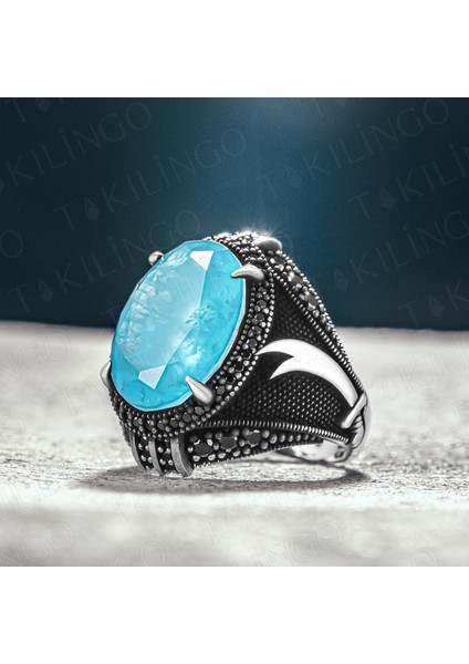 925 Ayar Gümüş Paraiba Taşlı Kılıc Motifli Erkek Yüzük