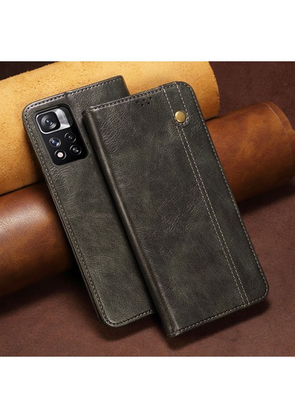 Xiaomi Redmi Note 11 Için Pu Deri Manyetik Flip Cüzdan Standlı Telefon Kılıfı - Yeşil (Yurt Dışından)
