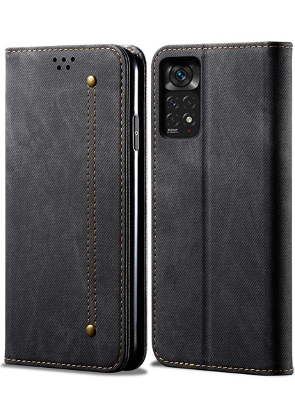 Xiaomi Redmi Note 11S Için Kot Deri Flip Cüzdan Standlı Telefon Kılıfı - Siyah (Yurt Dışından)