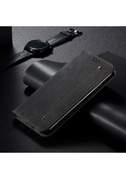 Xiaomi Redmi Note 11S Için Kot Deri Flip Cüzdan Standlı Telefon Kılıfı - Siyah (Yurt Dışından)