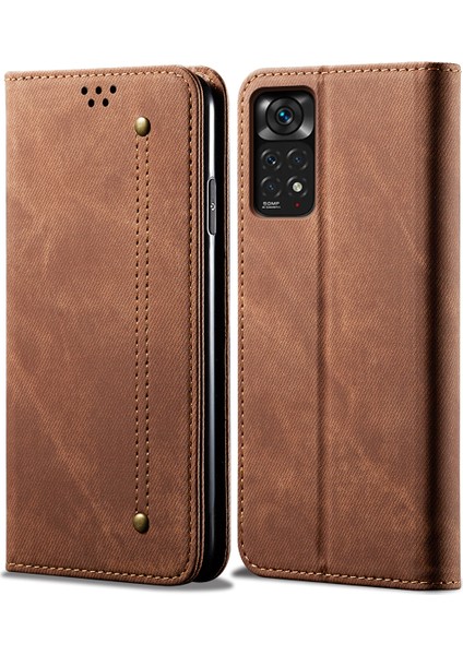 Xiaomi Redmi Note 11S Için Kot Deri Flip Cüzdan Standlı Telefon Kılıfı - Kahverengi (Yurt Dışından)
