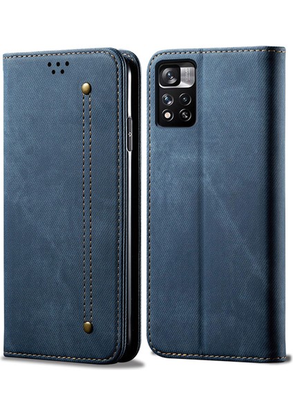 Xiaomi Redmi Note 11 Için Kot Deri Flip Cüzdan Standlı Telefon Kılıfı - Mavi (Yurt Dışından)