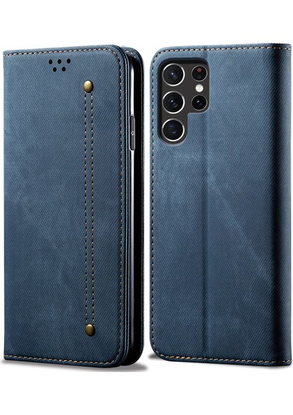 Samsung Galaxy S22 Ultra 5g Için Kot Deri Flip Cüzdan Standlı Telefon Kılıfı - Mavi (Yurt Dışından)