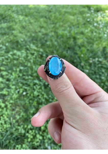 925 Ayar Gümüş Paraiba Taşlı Kılıc Motifli Erkek Yüzük indirimleri