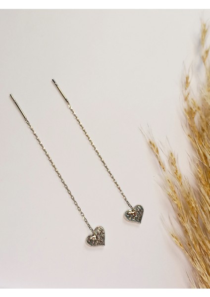 925 Ayar Gümüş Rodyumlu Zirkon Taşlı Kalp Sallantılı Model Trend Zincir Küpe Öğretmenler Günü Hediye