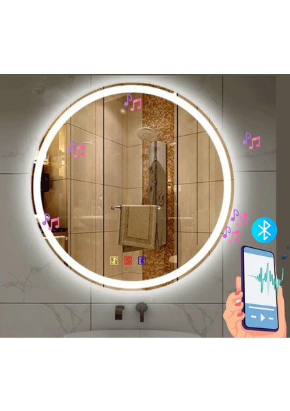 60 cm Çap Bluetoothlu Buğu Çözücülü Dokunmatik Işıklı Kumlamalı Yuvarlak Banyo Aynası