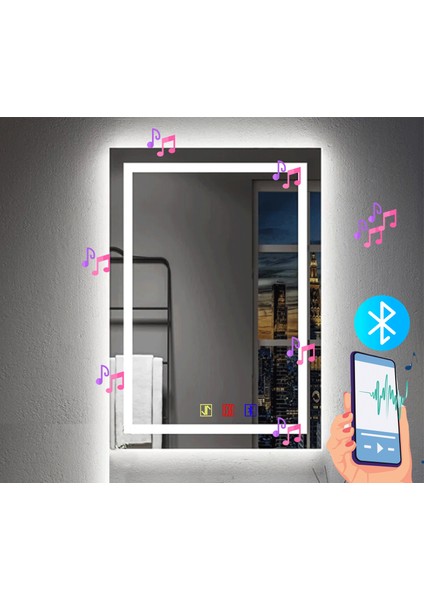 50X70 cm Bluetoothlu Buğu Çözücülü Dokunmatik Işıklı Kumlamalı Banyo Aynası
