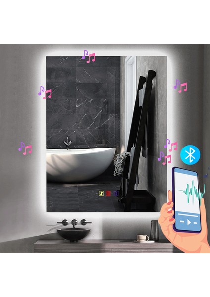 80X120 cm Bluetoothlu Buğu Çözücülü Dokunmatik Işıklı Ledli Banyo Aynası