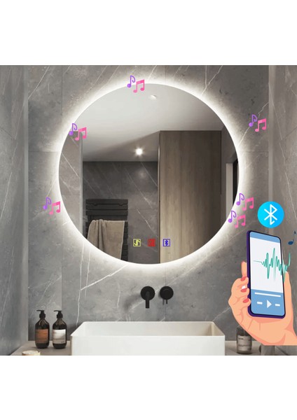 60 cm Çap Bluetoothlu Buğu Çözücülü Dokunmatik Işıklı Ledli Yuvarlak Banyo Aynası