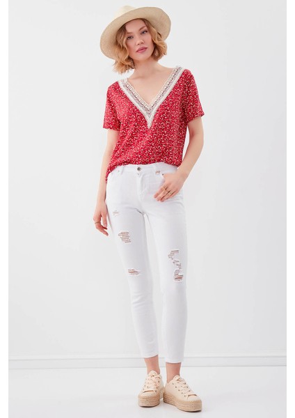 Beyaz Yırtık Skiny Denim Pantolon