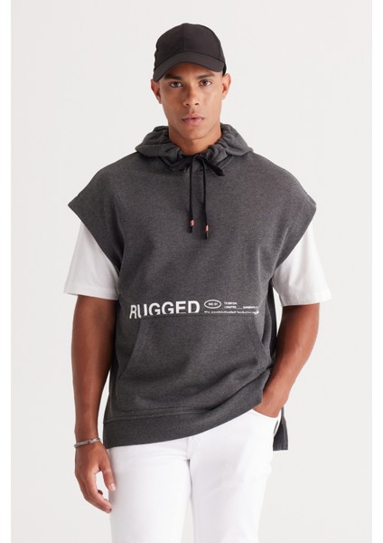 Erkek Antrasit-melanj Oversize Bol Kesim 3 Iplik Kapüşonlu Baskılı Sweatshirt
