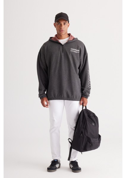 Erkek Antrasit-melanj Oversize Bol Kesim Içi Polarlı 3 Iplik Kapüşonlu Baskılı Sweatshirt