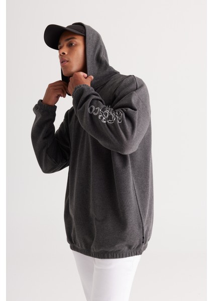 Erkek Antrasit-melanj Oversize Bol Kesim Içi Polarlı 3 Iplik Kapüşonlu Baskılı Sweatshirt