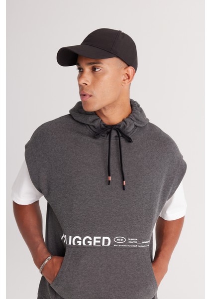 Erkek Antrasit-melanj Oversize Bol Kesim 3 Iplik Kapüşonlu Baskılı Sweatshirt modelleri