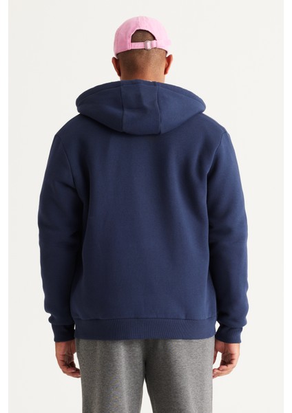 Erkek Lacivert Standart Fit Normal Kesim Içi Polarlı 3 Iplik Kapüşonlu Fermuarlı Sweatshirt Ceket