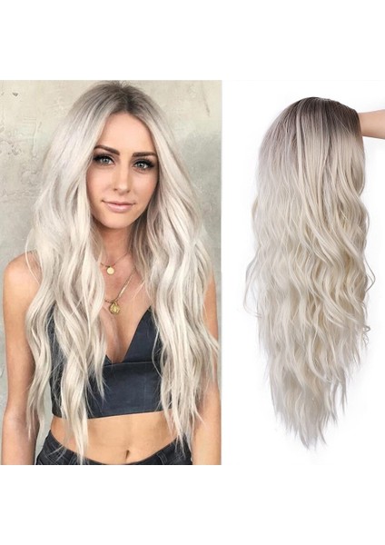 Sentetik Uzun Dalgalı Peruk Patlama İle Ombre Sarışın Peruk Kadınlar Içın Doğal Isıya Dayanıklı Saç Platin Siyah Renk (Yurt Dışından)