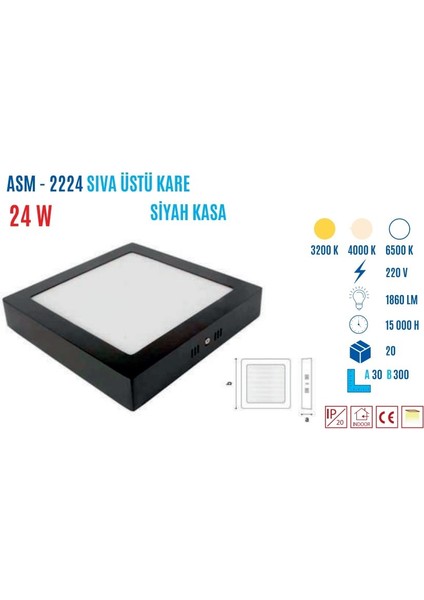 ASM-2224B 24W Sıvaüstü Kare LED Panel Beyaz modelleri