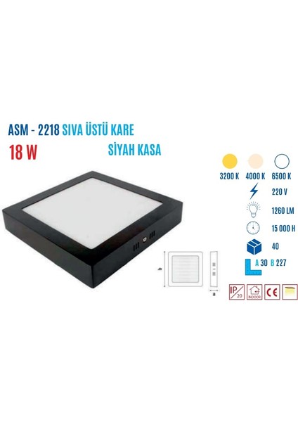 ASM-2218B 18W Sıvaüstü Kare LED Panel Beyaz