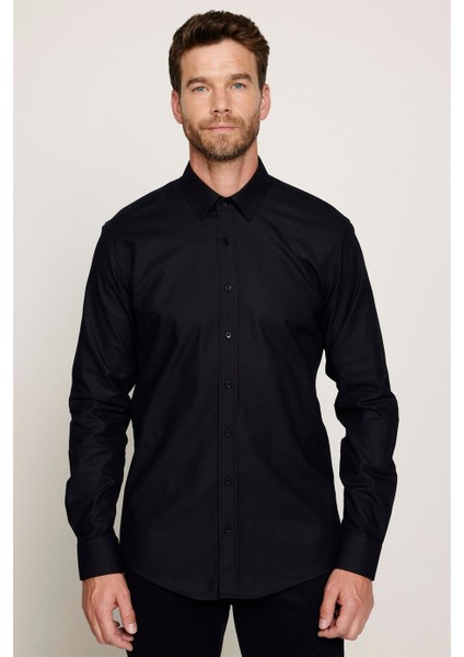 Modern Fit %100 Pamuk Armürlü Premium Erkek Siyah Gömlek