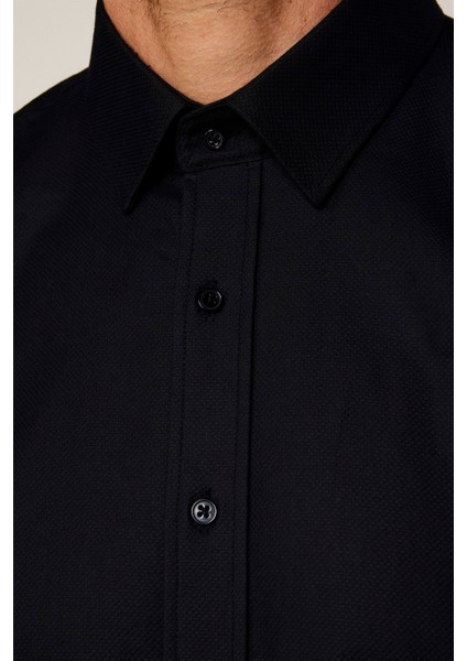 Modern Fit %100 Pamuk Armürlü Premium Erkek Siyah Gömlek fırsatları