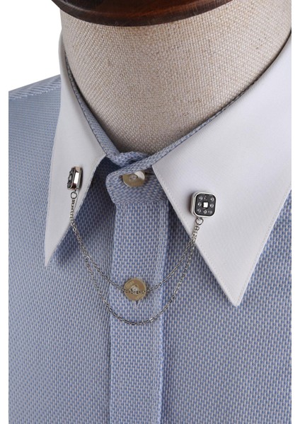 Siyah Gümüş Renk Taşlı Gömlek Yaka Zinciri GI231