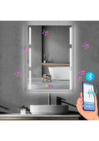 70X100 cm Bluetoothlu Buğu Çözücülü Dokunmatik Işıklı Kumlamalı Banyo Aynası