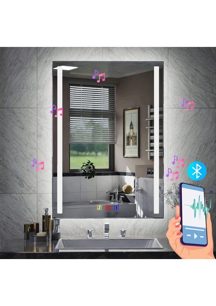60X80 cm Bluetoothlu Buğu Çözücülü Dokunmatik Işıklı Kumlamalı Banyo Aynası