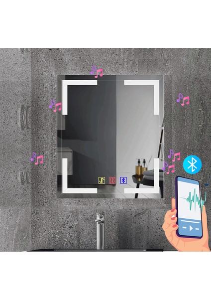 60X80 cm Bluetoothlu Buğu Çözücülü Dokunmatik Işıklı Kumlamalı Banyo Aynası