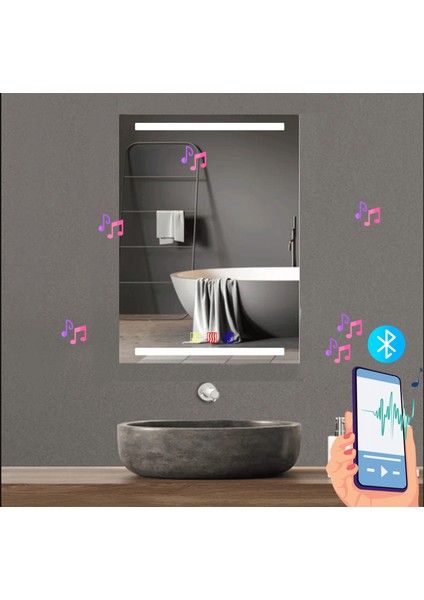 60X80 cm Bluetoothlu Buğu Çözücülü Dokunmatik Işıklı Kumlamalı Banyo Aynası