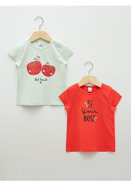 Lcw Baby Bisiklet Yaka Kısa Kollu Baskılı Pamuklu Kız Bebek Tişört 2'li