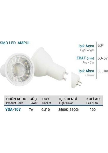 YSA-107A 7W GU10 Amber Smd LED Çanak Ampul