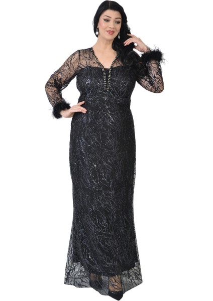 Büyük Beden Griter Baskı Siyah Renkli Abiye Elbise fiyatları