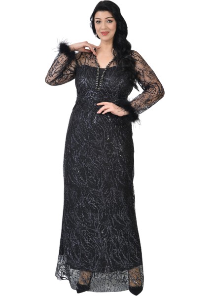 Büyük Beden Griter Baskı Siyah Renkli Abiye Elbise modelleri