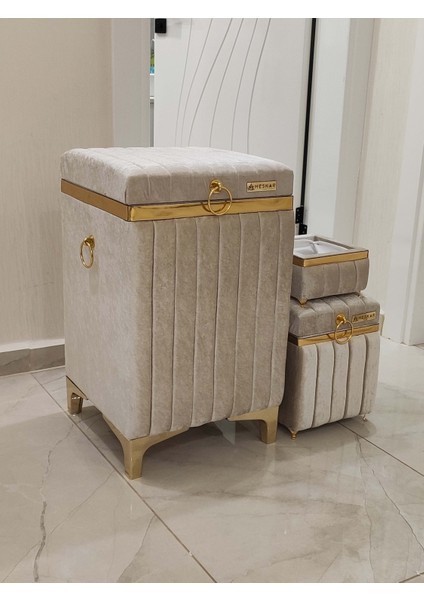 3 Parça Kare Açık Kahverengi Altın Şeritli Modern Kadife Banyo Kirli Sepeti