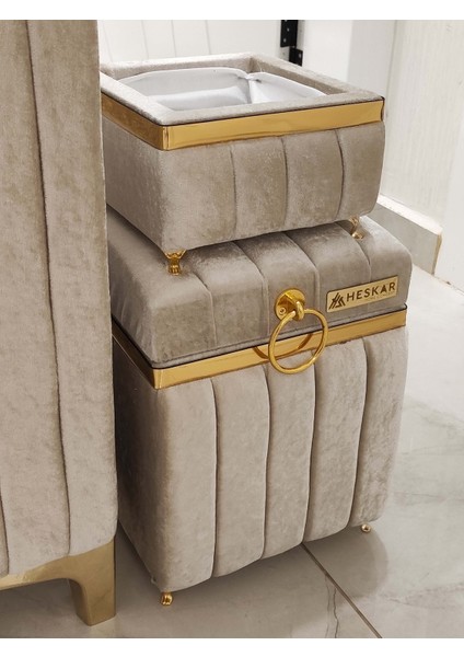 3 Parça Kare Açık Kahverengi Altın Şeritli Modern Kadife Banyo Kirli Sepeti modelleri