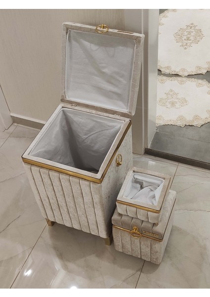 3 Parça Kare Açık Kahverengi Altın Şeritli Modern Kadife Banyo Kirli Sepeti fırsatları