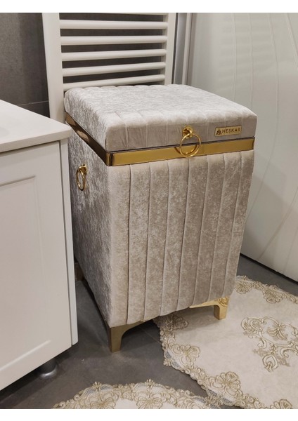 Tek Parça Kare Tip Açık Kahverengi Altın Şeritli Kadife Banyo Kirli Çamaşır Sepeti fiyatları