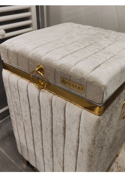 Tek Parça Kare Tip Açık Kahverengi Altın Şeritli Kadife Banyo Kirli Çamaşır Sepeti modelleri