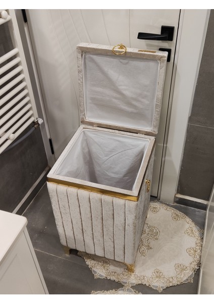 Tek Parça Kare Tip Açık Kahverengi Altın Şeritli Kadife Banyo Kirli Çamaşır Sepeti fırsatları