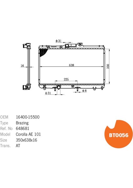 Brazıng Su Radyatörü Toyota Corolla Ae 101 (Otomatık ŞANZ.)(350X638X16) Aluminyum