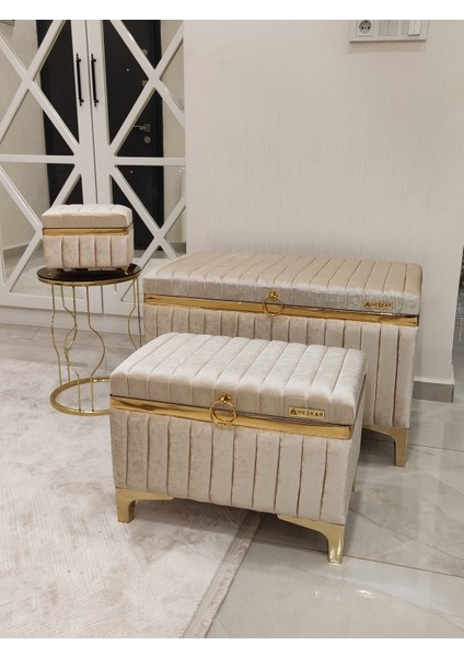 3 Parça Sütlü Kahverengi Renk Altın Şeritli Modern Gelin Çeyiz Sandığı modelleri