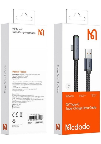 CA-3340 Type-C 100W 90° Açılı Hızlı Şarj & Data Kablosu 6A 1.2m