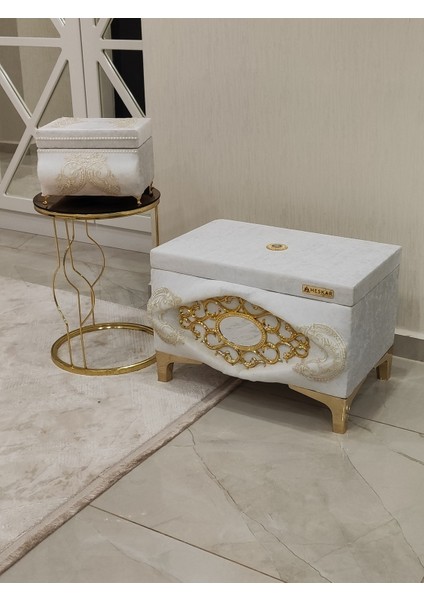 2 Li Krem Renk Aynalı ve Özel Güpürlü Klasik Model Gelin Çeyiz Sandığı